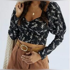 Anthropologie size S Sweetheart Top Puff Sleeve Blouse Black Floral